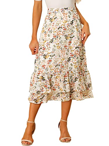 Women's Printed Skirt Chiffon Elastic Waist Ruffle Tiered Flowy Midi Skirts Large White Yellow-Floral