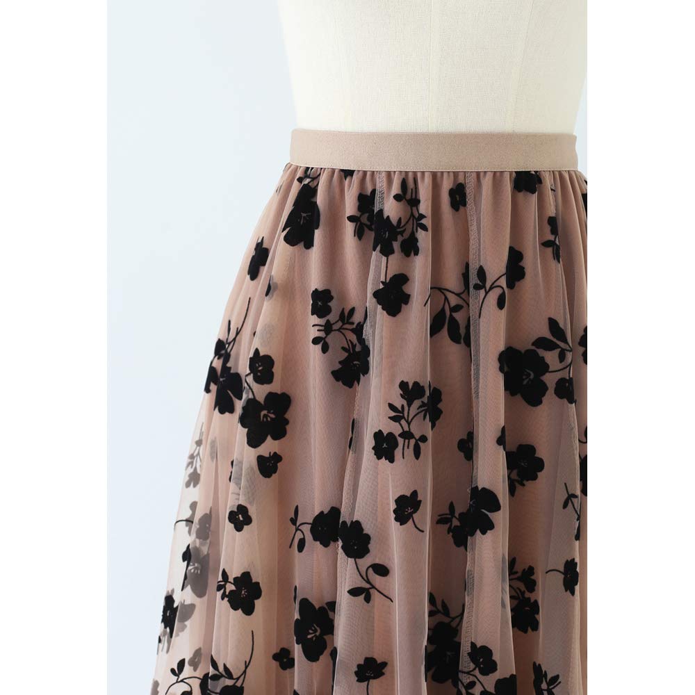 Women's Caramel 3D Posy Double-Layered Mesh Midi Skirt, Size XS