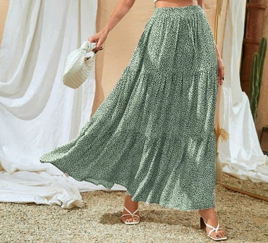 Womens Summer Elastic High Waist Midi Skirt Polka Dot Casual A Line Flowy Skirt with Pockets Green L