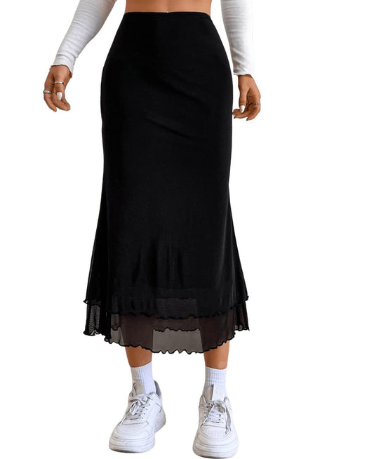 Women's Lettuce Trim High Waist Mesh Fishtail Bodycon Long Skirt Black L