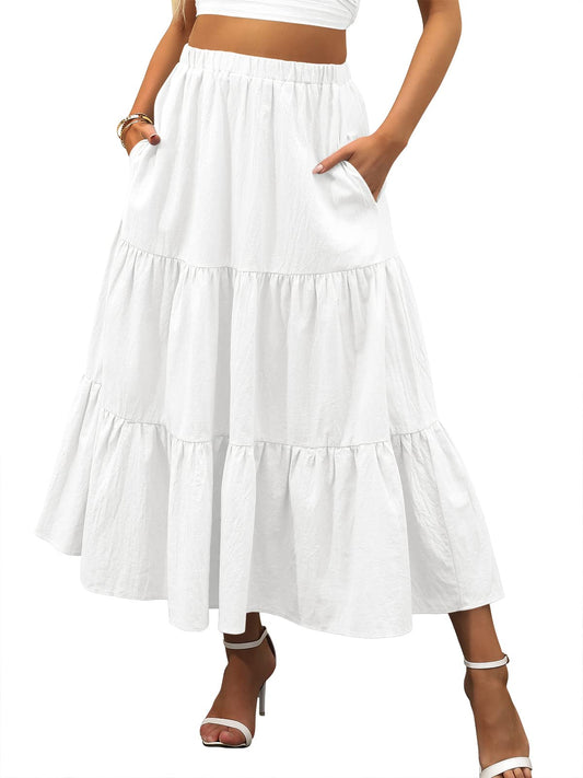 Women Cotton Pleated A Line Maxi Skirt Elastic Waist White Ruffle Tiered Long Skirt with Pockets 495baise-M
