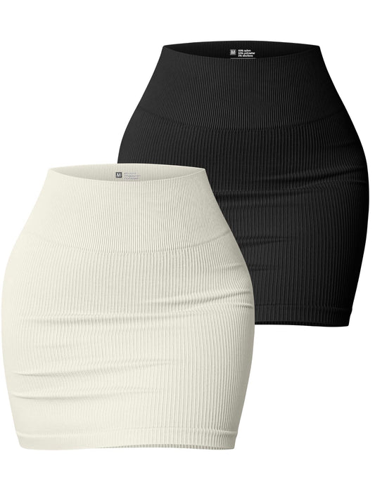 Women's 2 Piece Skirts Basic Versatile Stretchy Ribbed Casual High Waist Mini Skirt Black Beige