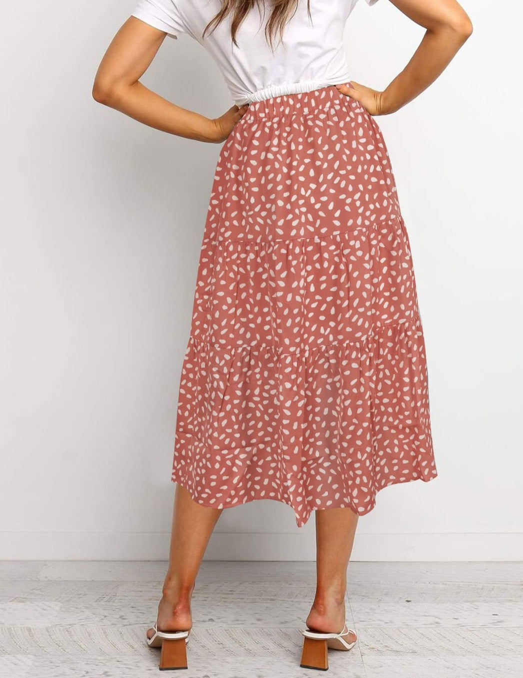 Women's Boho Leopard Print Skirt Pleated A-Line Swing Midi Skirts DarkPink Medium