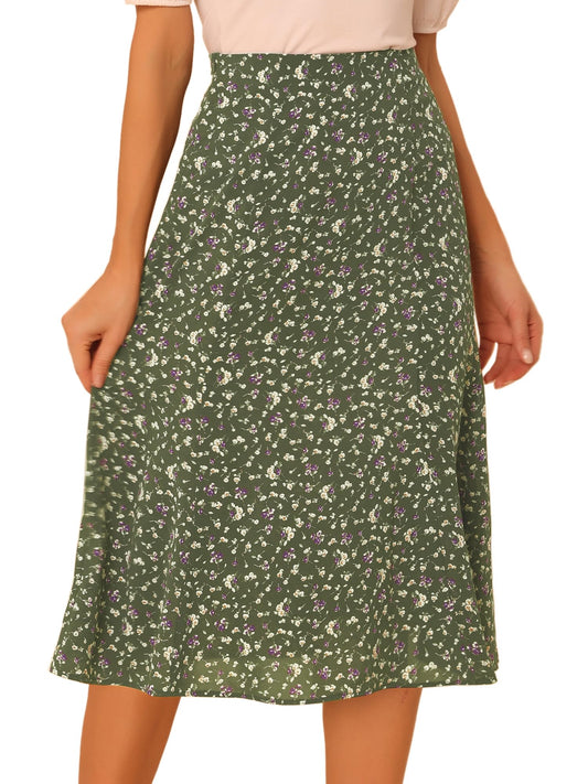 Women's Floral Midi Skirt Peasant Elastic Waist A-Line Ditsy Leave Print Skirts Medium Army Green