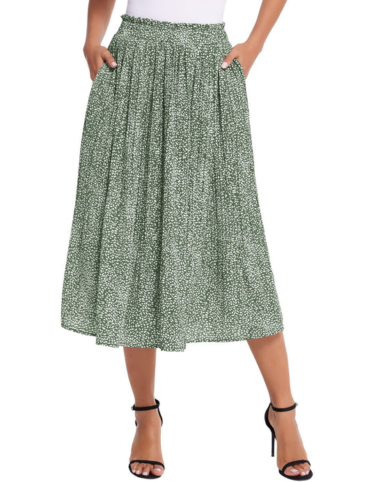 Womens Summer Elastic High Waist Midi Skirt Polka Dot Casual A Line Flowy Skirt with Pockets Green L