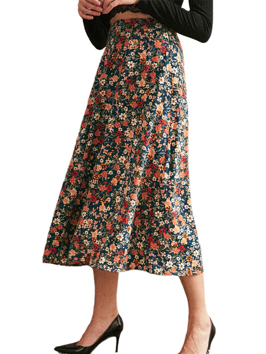 Womens Vintage Dalmatian Print A Line High Waist Flare Flowy Midi Skirt (C Disty Floral, Large)